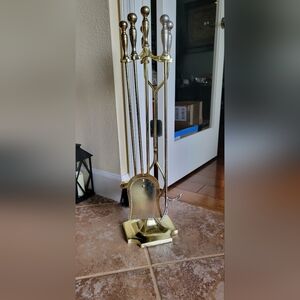 Vintage MCM Brass Set Of 4 Fireplace Tool Set Tongs Brush Shovel Poker